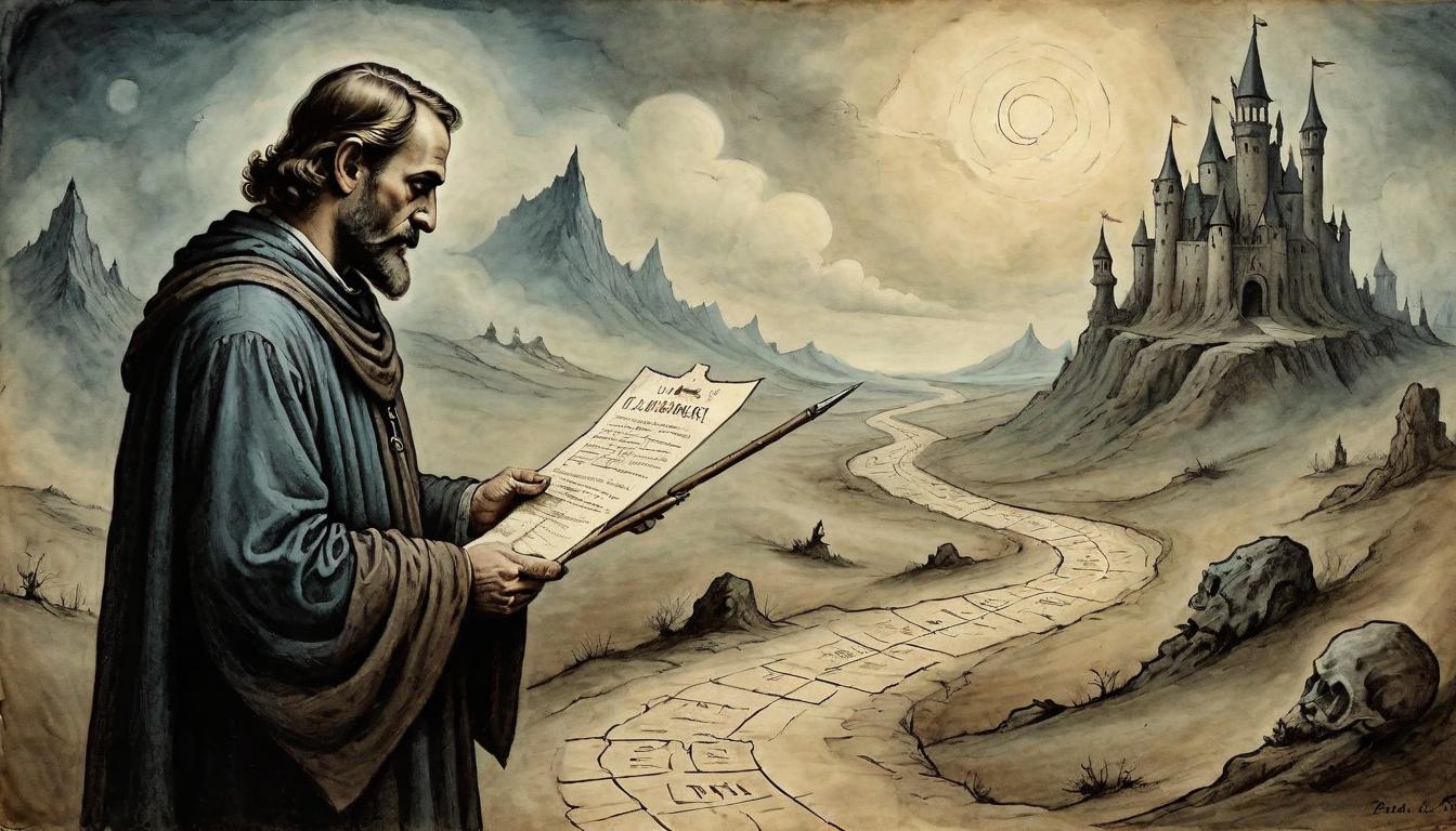  on parchment, surrealism+++, Figure pointing at a warning sign, path diverging into darkness, deliberate, insightful(mysterious, provocative, symbolic,muted color)+++