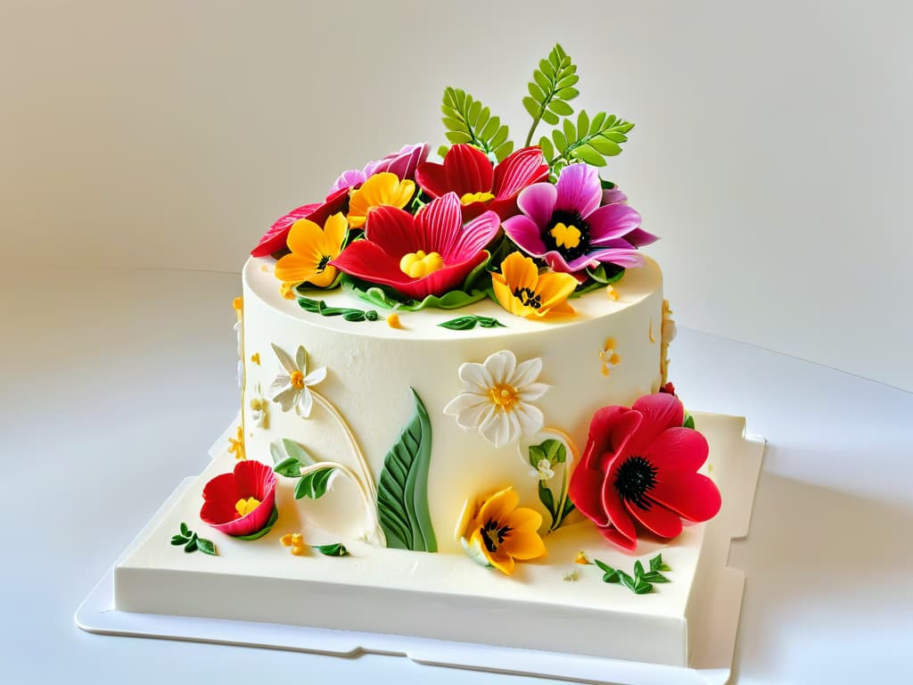  An ultradetailed image of a beautifully decorated cake on a sleek, modern white cake stand. The cake features intricate piping work, delicate fondant decorations, and vibrant edible flowers on top. The background is a soft focus to emphasize the cake as the focal point, showcasing its professional and visually stunning presentation. hyperrealistic, full body, detailed clothing, highly detailed, cinematic lighting, stunningly beautiful, intricate, sharp focus, f/1. 8, 85mm, (centered image composition), (professionally color graded), ((bright soft diffused light)), volumetric fog, trending on instagram, trending on tumblr, HDR 4K, 8K