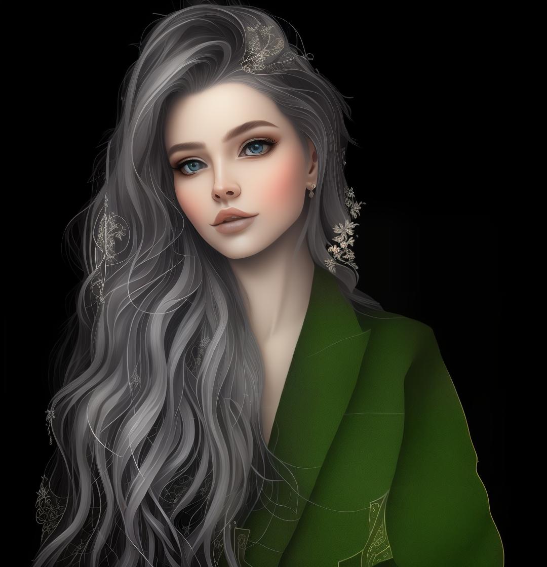 mdjrny-v4 style Create a Fantasy style avatar of a female Elf. Prominent Elf Ears, ears should be pointed, long, sharp, visible behind the hair. The character should have long, flowing silver hair, caught in a bun, adorned with delicate flowers. Her eyes should be almond shaped and bright green. She should wear an elegant, fitted tunic with intricate leaf patterns and embroidery. Her ears should be pointed and prominent, a defining feature of Elves. She should have a graceful and slender build, with pale, smooth skin.