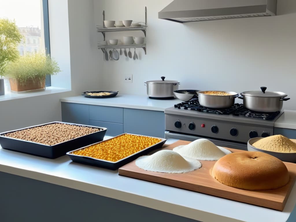  A minimalist illustration of a chaotic kitchen counter filled with baking utensils and ingredients scattered around haphazardly, emphasizing the disorganization and common mistakes that can occur during a baking contest. The image should be rendered in a sleek, modern style with a monochromatic color scheme to convey a sense of professionalism and simplicity. hyperrealistic, full body, detailed clothing, highly detailed, cinematic lighting, stunningly beautiful, intricate, sharp focus, f/1. 8, 85mm, (centered image composition), (professionally color graded), ((bright soft diffused light)), volumetric fog, trending on instagram, trending on tumblr, HDR 4K, 8K