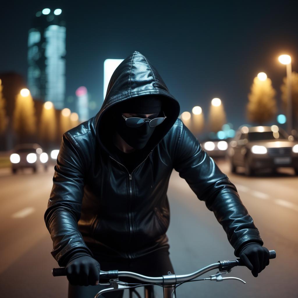  a man in a hood on bicycle, his face covered with the black glasses, night city, turned sideways, dark jacket, super visualization. 4k, in the distance, on the road