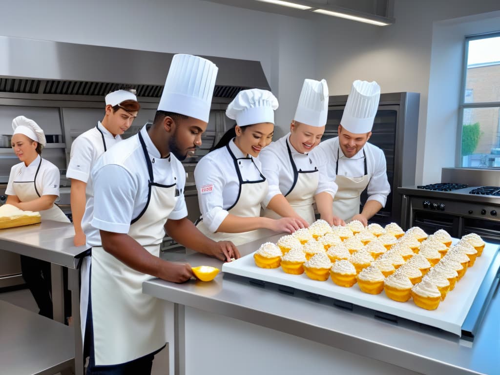  A highresolution photorealistic image showcasing a group of enthusiastic pastry students wearing chef hats and aprons, gathered around a kitchen counter filled with various ingredients and baking tools. The students are interacting with holographic AR displays showing stepbystep instructions for creating intricate desserts. The room is filled with natural light streaming in through large windows, highlighting the vibrant colors of the ingredients and creating a warm, inviting atmosphere. The focus is on the students' expressions of wonder and excitement as they engage with the AR technology, capturing the transformative impact of augmented reality on their learning experience. hyperrealistic, full body, detailed clothing, highly detailed, cinematic lighting, stunningly beautiful, intricate, sharp focus, f/1. 8, 85mm, (centered image composition), (professionally color graded), ((bright soft diffused light)), volumetric fog, trending on instagram, trending on tumblr, HDR 4K, 8K