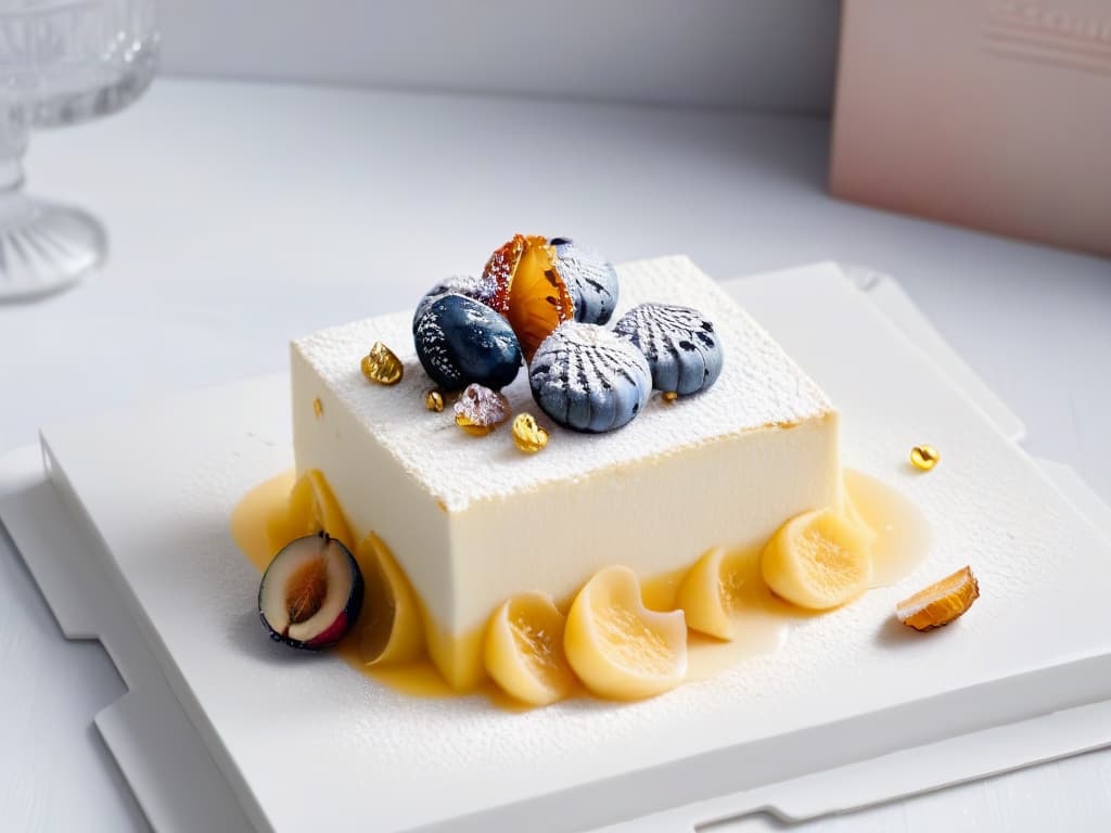  An elegant and minimalistic image of a sophisticated dessert adorned with a drizzle of premium liquor, placed on a pristine white plate. The dessert is beautifully presented, with intricate details like delicate edible gold flakes and a dusting of powdered sugar. The background is softfocus, highlighting the dessert as the focal point of the image. hyperrealistic, full body, detailed clothing, highly detailed, cinematic lighting, stunningly beautiful, intricate, sharp focus, f/1. 8, 85mm, (centered image composition), (professionally color graded), ((bright soft diffused light)), volumetric fog, trending on instagram, trending on tumblr, HDR 4K, 8K