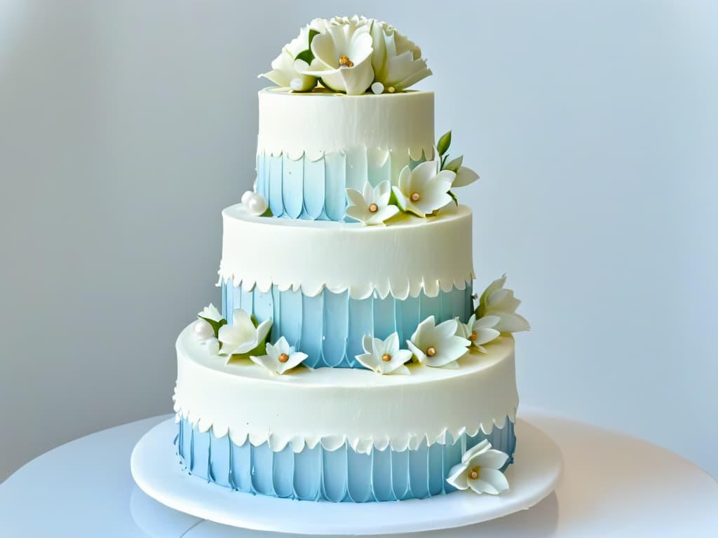  A closeup, ultradetailed image of a perfectly crafted, intricately decorated threetiered wedding cake, showcasing delicate sugar flowers, intricate piping work, and shimmering edible pearls. The cake sits on a sleek, white marble cake stand, with soft, natural light illuminating the flawless details of the decoration. Each petal, swirl, and bead is captured in stunning clarity, highlighting the precision and artistry required to create such a masterpiece. hyperrealistic, full body, detailed clothing, highly detailed, cinematic lighting, stunningly beautiful, intricate, sharp focus, f/1. 8, 85mm, (centered image composition), (professionally color graded), ((bright soft diffused light)), volumetric fog, trending on instagram, trending on tumblr, HDR 4K, 8K