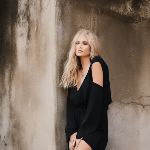 portrait+ style Hot blond hair female wearing a black jumpsuit full body