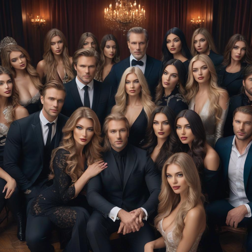  A man in a black suit, surrounded by beautiful Russian women in dresses, long fair hair, blue eyes, plump lips, close up view, music studio, high definition detail of face, eyes, lips, and hands. hyperrealistic, full body, detailed clothing, highly detailed, cinematic lighting, stunningly beautiful, intricate, sharp focus, f/1. 8, 85mm, (centered image composition), (professionally color graded), ((bright soft diffused light)), volumetric fog, trending on instagram, trending on tumblr, HDR 4K, 8K