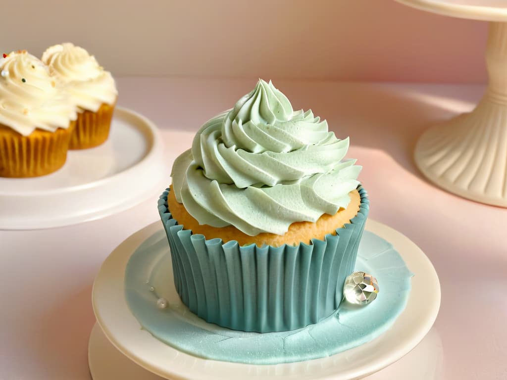  A closeup, ultradetailed image of a delicate, perfectly frosted cupcake with a single shimmering sugar crystal on top, set against a softly blurred background of pastelcolored baking tools and ingredients. The frosting is flawlessly smooth, with intricate swirls and peaks that catch the light, showcasing the artistry and precision involved in beginnerlevel pastry decoration. hyperrealistic, full body, detailed clothing, highly detailed, cinematic lighting, stunningly beautiful, intricate, sharp focus, f/1. 8, 85mm, (centered image composition), (professionally color graded), ((bright soft diffused light)), volumetric fog, trending on instagram, trending on tumblr, HDR 4K, 8K