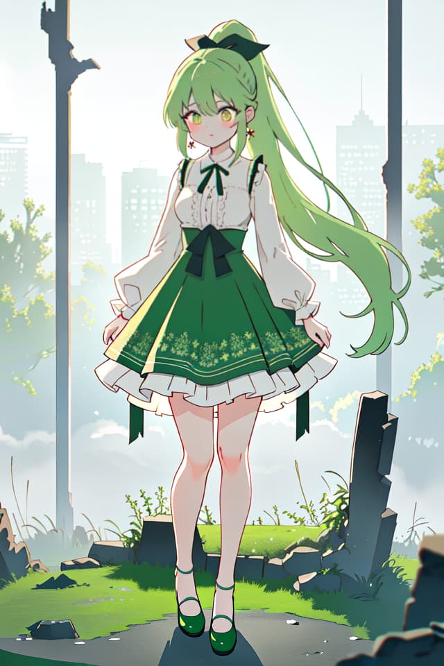  green hair,ponytail,Long Hair,Girls,Dresses,Ribbons,Ruins,Footwear,Anger,red face, hyperrealistic, full body, detailed clothing, highly detailed, cinematic lighting, stunningly beautiful, intricate, sharp focus, f/1. 8, 85mm, (centered image composition), (professionally color graded), ((bright soft diffused light)), volumetric fog, trending on instagram, trending on tumblr, HDR 4K, 8K