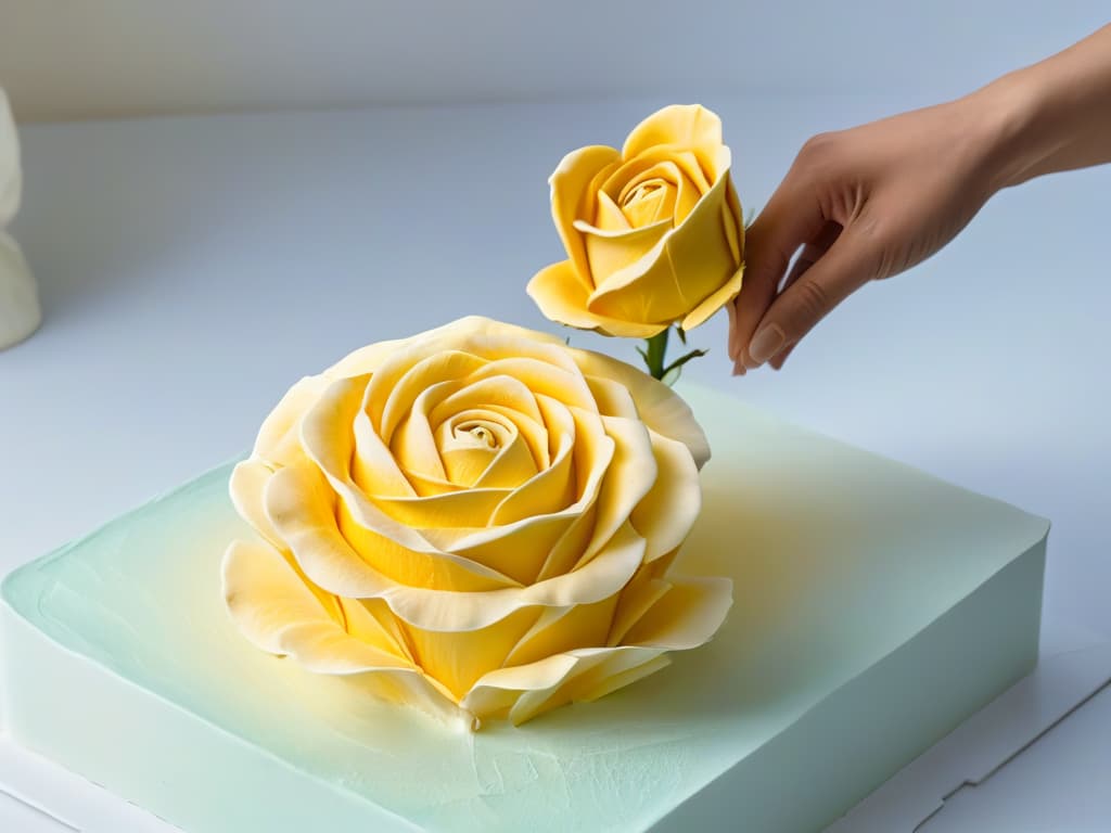  An ultradetailed, highresolution image of a pair of hands delicately sculpting a lifelike rose out of sugar paste, showcasing intricate details like delicate petals, graceful curves, and the texture of the sugar medium. The hands are expertly crafting the sculpture with precision and care, capturing the essence of the art of sugar sculpting in a minimalist and visually striking manner. hyperrealistic, full body, detailed clothing, highly detailed, cinematic lighting, stunningly beautiful, intricate, sharp focus, f/1. 8, 85mm, (centered image composition), (professionally color graded), ((bright soft diffused light)), volumetric fog, trending on instagram, trending on tumblr, HDR 4K, 8K