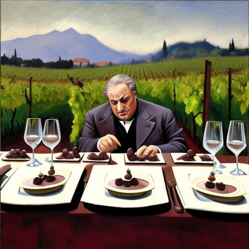  Marlon Brando the godfather, Don Vito in Italy and a vineyard dressed in modern designer attire. Foreground plates of fine dark chocolates on a table. Background vineyard Painting style of Edgar Degas