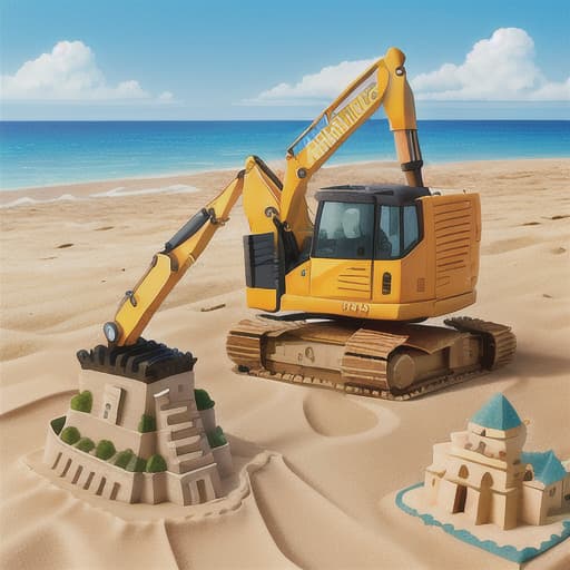  a excavator on a holiday beach at the sea building a sand castle