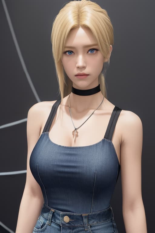  masterpiece, best quality, Aya Brea, She has shoulder length blonde hair. The character's eyes are blue, giving her a sharp and focused gaze. She wears a dark black, sleeveless top with a subtle sheen, suggesting a silky or satin material, and features a series of decorative hooks down the center front. A thin, black cord necklace.Torn blue jeans along with buckled black boots that come just under her knees. The outfit includes a black belt.