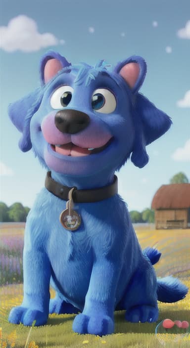  {A happy, big blue dog wagging its tail in a colorful meadow, The big blue dog is large with sky blue fur, big round eyes, a black nose, and floppy ears.