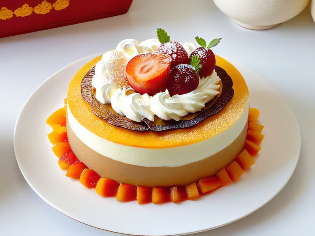  An ultradetailed image of a traditional Peruvian dessert made with sirope de yacón, showcasing intricate layers of sponge cake soaked in yacón syrup, topped with delicate swirls of whipped cream and garnished with slices of fresh, ripe papaya and a sprinkle of toasted quinoa. The dessert is elegantly presented on a simple, white ceramic plate with a subtle handpainted pattern, set against a backdrop of a rustic wooden table with soft, natural lighting casting gentle shadows, creating a visually stunning and appetizing composition. hyperrealistic, full body, detailed clothing, highly detailed, cinematic lighting, stunningly beautiful, intricate, sharp focus, f/1. 8, 85mm, (centered image composition), (professionally color graded), ((bright soft diffused light)), volumetric fog, trending on instagram, trending on tumblr, HDR 4K, 8K