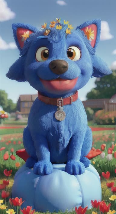  {The red ball nestled in a bed of colorful flowers like daisies and tulips, The big blue dog is large with sky blue fur, big round eyes, a black nose, and floppy ears.