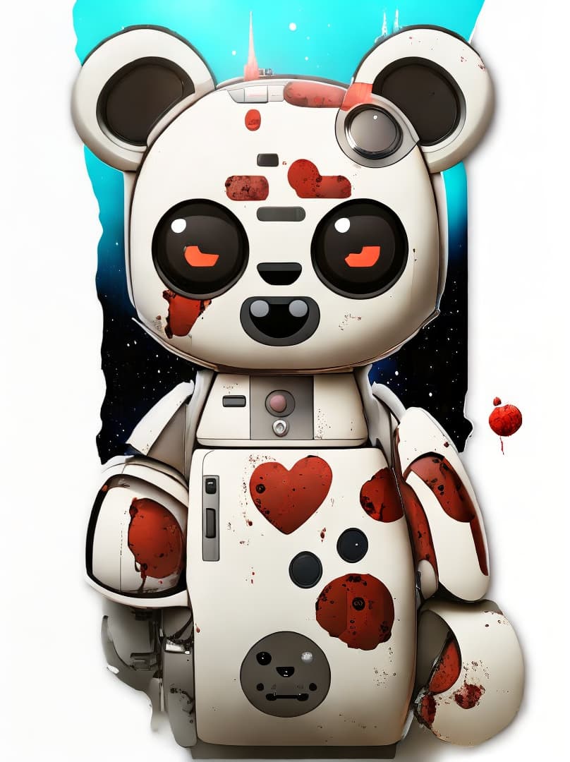  , a cute guilt robot bear, sticker, akira toriyama , white background,murder bear, bloody , dripping blood,bloody trump head on ground,giant realistic heart<lora:arcana-xl:0.9380552704105101><lora:neoclassicalmasterbedroom:0.5895297976427594><lora:japanese-modern-wood-inte:0.009435480412516073><lora:envybetterhands-loco:0.35833211775159257> hyperrealistic, full body, detailed clothing, highly detailed, cinematic lighting, stunningly beautiful, intricate, sharp focus, f/1. 8, 85mm, (centered image composition), (professionally color graded), ((bright soft diffused light)), volumetric fog, trending on instagram, trending on tumblr, HDR 4K, 8K
