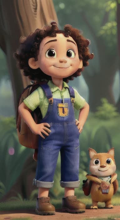  {The tree with a smiling face formed by its bark, looking down at Riley., Riley, a curious with big brown eyes and curly hair, wearing overalls and carrying a small backpack. Their friend, Skye, a bluebird with shiny feathers.