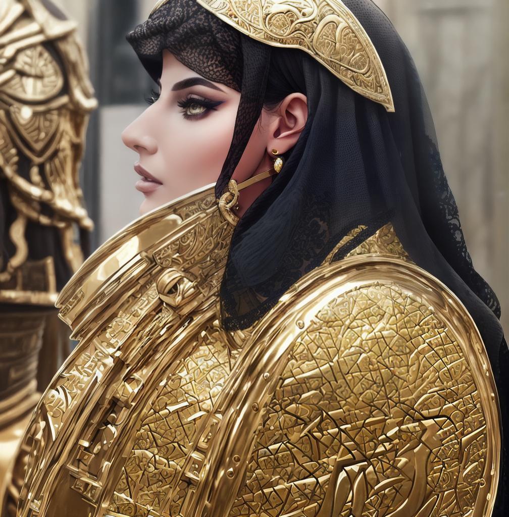  ((Side view:1.8)), ((masterpiece)),(((best quality))), ((futuristic empress, mature face, ((middle eastern eyes:1.4)), ((gold futuristic gown)), (((intricate futuristic breastplate))),