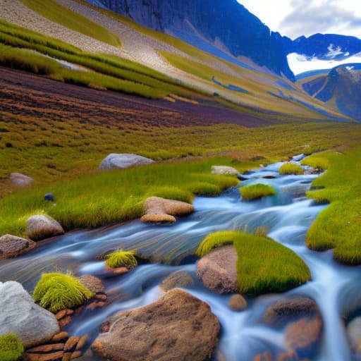 wa-vy style A mountainside with stream in valley