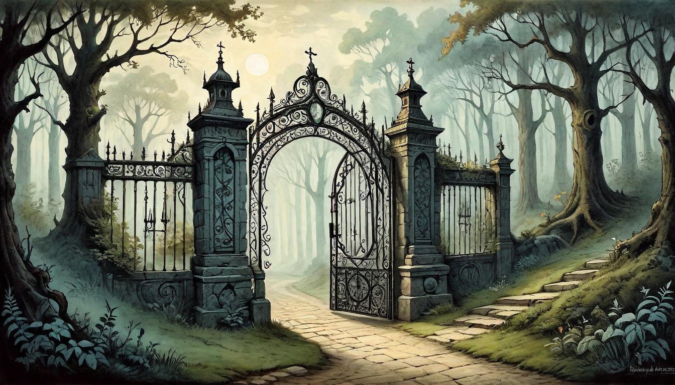  on parchment, surrealism+++, Iron gate barring a path, intricate designs, shadowy forest beyond, forbidding yet inviting, threshold of opportunity, trepidation(mysterious, provocative, symbolic,muted color)+++