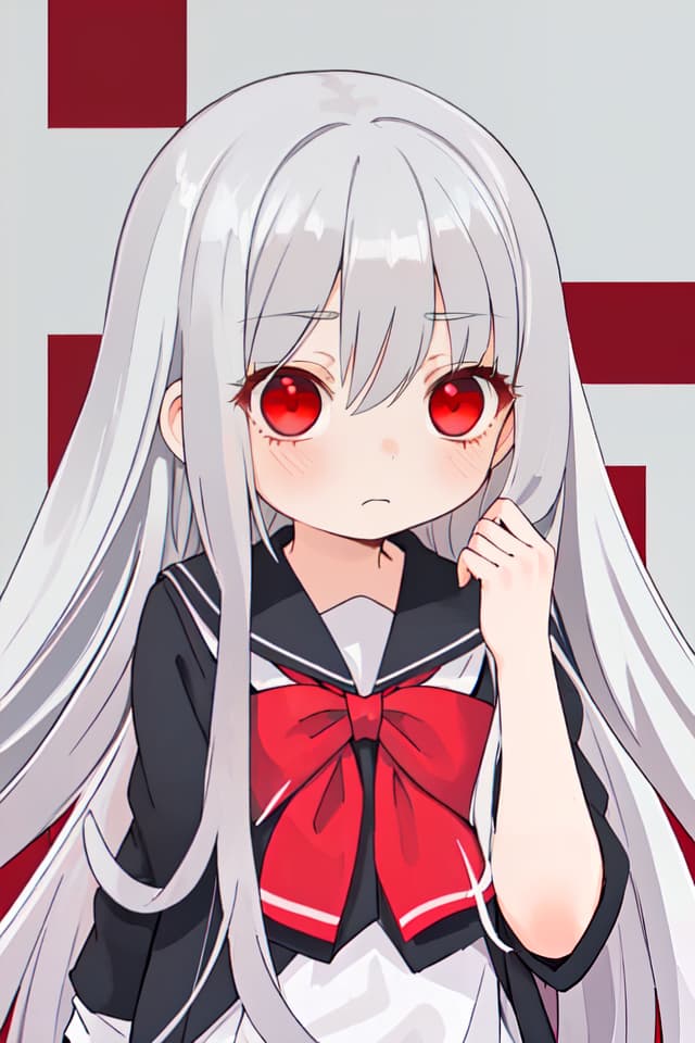  Long silver hair, girl, shy face, red eyes, school uniform