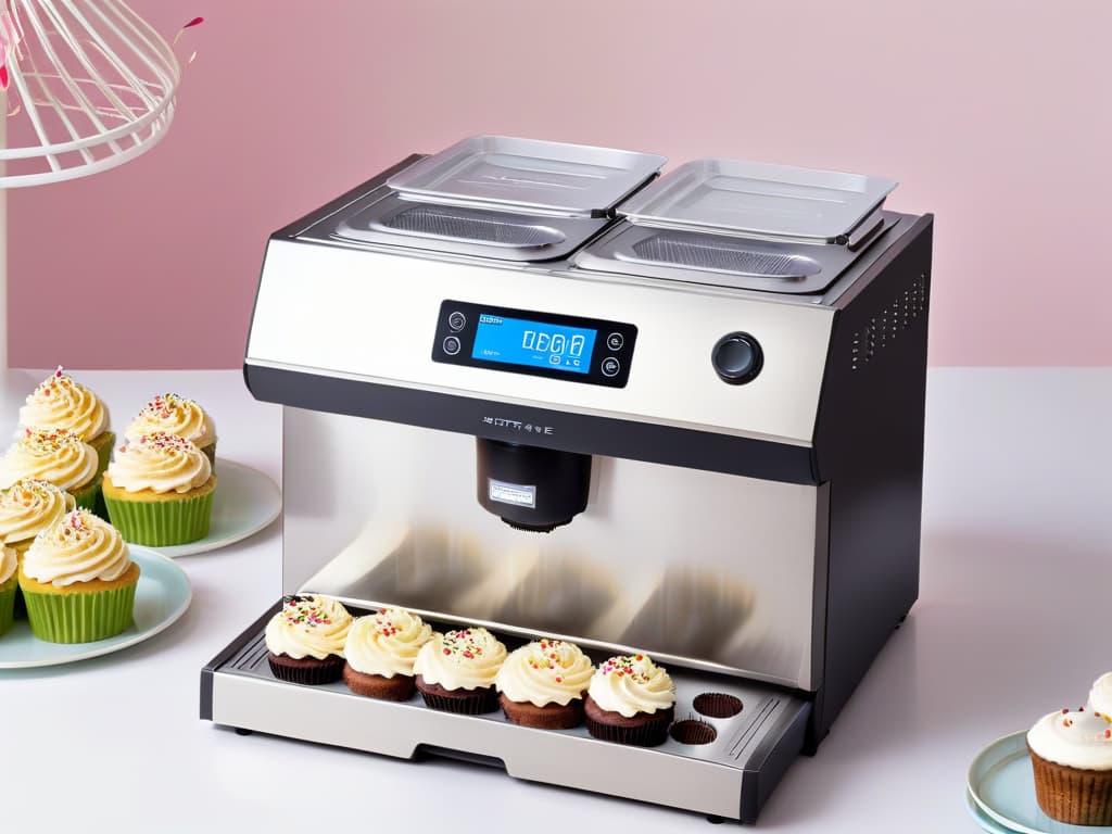  A minimalistic and professional image showcasing a sleek and modern cupcakemaking machine with a sleek stainless steel design, featuring intuitive buttons and a digital display. The machine is surrounded by freshly baked cupcakes and muffins of various flavors, beautifully decorated with frosting and sprinkles. The background is a soft pastel color to enhance the minimalistic and elegant feel of the image. hyperrealistic, full body, detailed clothing, highly detailed, cinematic lighting, stunningly beautiful, intricate, sharp focus, f/1. 8, 85mm, (centered image composition), (professionally color graded), ((bright soft diffused light)), volumetric fog, trending on instagram, trending on tumblr, HDR 4K, 8K