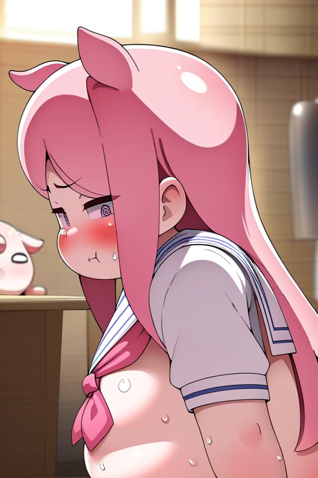  RAW photorealistic、extremely obese pig girl:1.2、pink colored long hair、(((bright deep pink colored droopy pig's ears、ultra detailed plump & fat face smile、pout mouth)))、((in the clroom:1.6、sweaty blush expression、from side、sailor uniform))、blurred background、best quality:1.4、masterpiece:1.4、ultra detailed texture、absurd resolution、8K illustration、💩