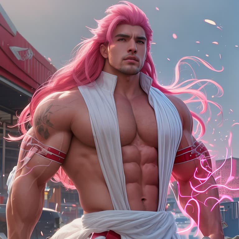  A Buff muscular Bara hunk. Retro Anime. Hot pink hair. hyperrealistic, full body, detailed clothing, highly detailed, cinematic lighting, stunningly beautiful, intricate, sharp focus, f/1. 8, 85mm, (centered image composition), (professionally color graded), ((bright soft diffused light)), volumetric fog, trending on instagram, trending on tumblr, HDR 4K, 8K