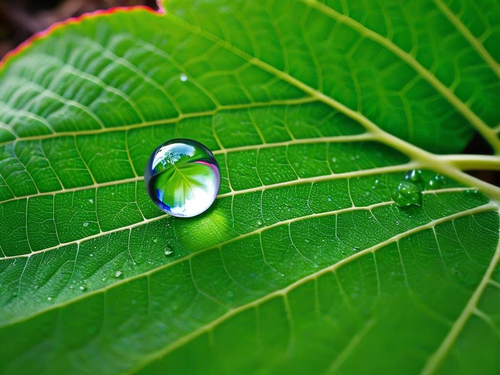  A closeup, ultradetailed image of a single perfect water droplet delicately suspended on the edge of a vibrant green leaf, reflecting the surrounding light like a miniature crystal ball. The droplet is crystal clear, capturing the essence of purity, with tiny imperceptible ripples distorting the leaf's reflection beneath it. The leaf's texture is rich and detailed, showcasing every vein and imperfection in stunning clarity. The background is softly blurred, emphasizing the simplicity and elegance of the composition. hyperrealistic, full body, detailed clothing, highly detailed, cinematic lighting, stunningly beautiful, intricate, sharp focus, f/1. 8, 85mm, (centered image composition), (professionally color graded), ((bright soft diffused light)), volumetric fog, trending on instagram, trending on tumblr, HDR 4K, 8K