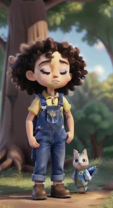  {Riley standing under the tree with eyes closed, making the wish., Riley, a curious with big brown eyes and curly hair, wearing overalls and carrying a small backpack. Their friend, Skye, a bluebird with shiny feathers.