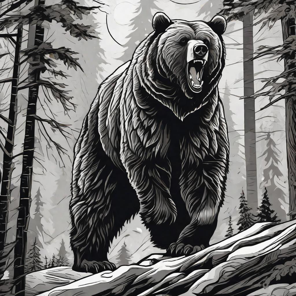  masterpiece, best quality, (Fidelity: 1.4), Best Quality, Masterpiece, Ultra High Resolution, 8k resolution, A night view inspired by black amd white tattoo designs, Grizzly bear standing in the woods, angry, roaring, and ready to fight