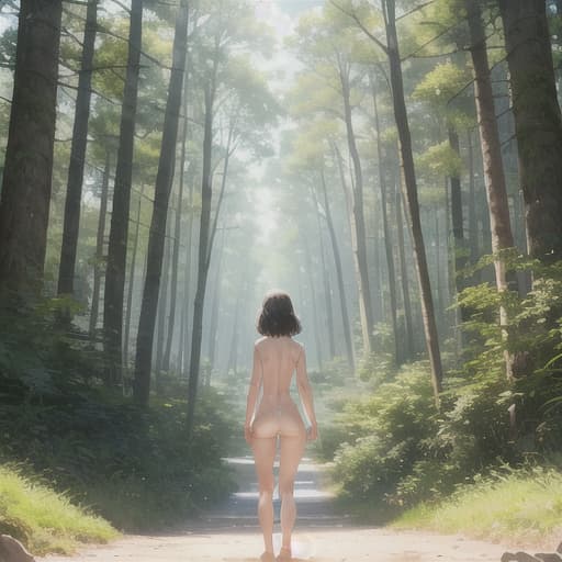  1girl,forest,crossing,soft light,,without cloth, like Angelina