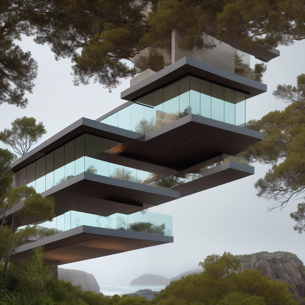  /imagine an architectural visualization of an innovative cantilevered home suspended over a rocky cliff, overlooking a serene ocean. Highlight the seamless integration of glass, steel, and concrete in this modern masterpiece. Set your professional camera to aperture priority mode, f/8, ISO 200, and use a wide angle lens to emphasize the suspended structure. hyperrealistic, full body, detailed clothing, highly detailed, cinematic lighting, stunningly beautiful, intricate, sharp focus, f/1. 8, 85mm, (centered image composition), (professionally color graded), ((bright soft diffused light)), volumetric fog, trending on instagram, trending on tumblr, HDR 4K, 8K