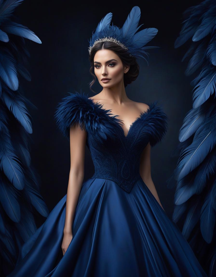  concept art Portrait of a beautiful girl in a dark blue velvet Lorrain dress, on beautiful hair adorned with soft feathers of dark blue colour . digital artwork, illustrative, painterly, matte painting, highly detailed hyperrealistic, full body, detailed clothing, highly detailed, cinematic lighting, stunningly beautiful, intricate, sharp focus, f/1. 8, 85mm, (centered image composition), (professionally color graded), ((bright soft diffused light)), volumetric fog, trending on instagram, trending on tumblr, HDR 4K, 8K