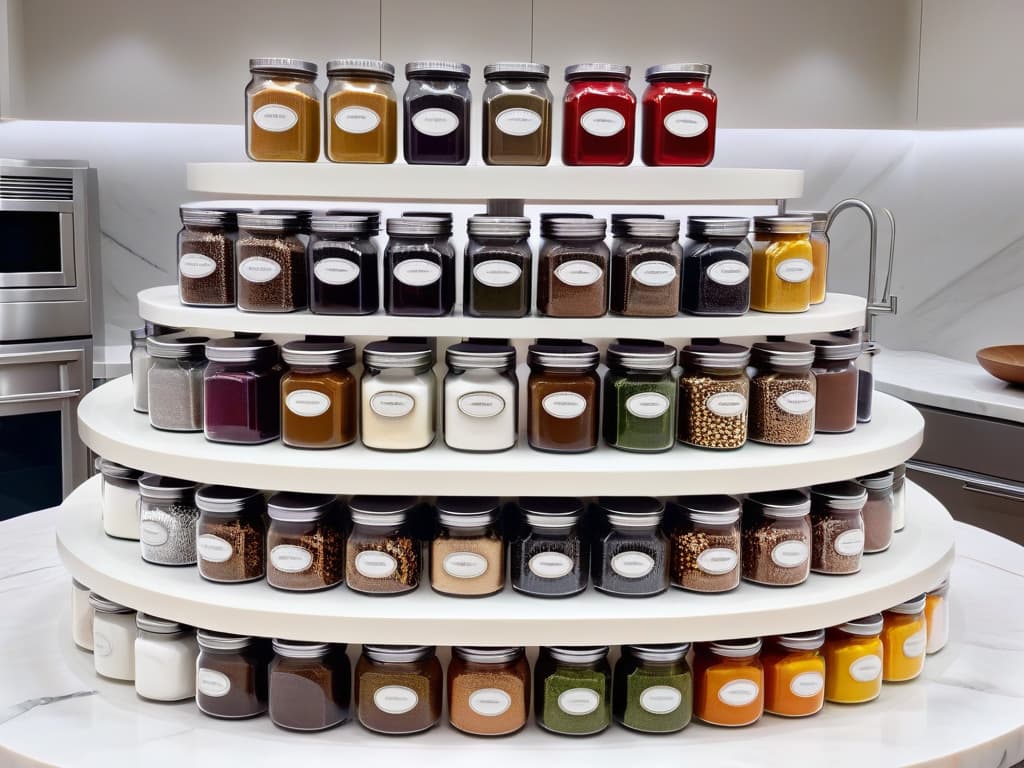  A sleek, minimalistic image featuring an array of transparent glass jars neatly organized on a white marble countertop. Each jar is filled with colorful ingredients like flour, sugar, cocoa powder, and sprinkles, creating a visually appealing and organized display that conveys the essence of efficient and elegant ingredient storage for baking purposes. hyperrealistic, full body, detailed clothing, highly detailed, cinematic lighting, stunningly beautiful, intricate, sharp focus, f/1. 8, 85mm, (centered image composition), (professionally color graded), ((bright soft diffused light)), volumetric fog, trending on instagram, trending on tumblr, HDR 4K, 8K