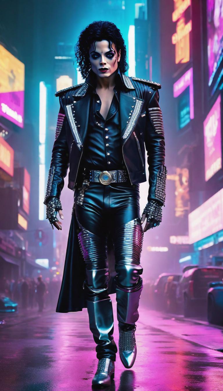  Cyberpunk style depiction of Michael Jackson . The scene is set in a world where technology has advanced, but society and human conditions have not, creating a gritty, dystopian atmosphere. hyperrealistic, full body, detailed clothing, highly detailed, cinematic lighting, stunningly beautiful, intricate, sharp focus, f/1. 8, 85mm, (centered image composition), (professionally color graded), ((bright soft diffused light)), volumetric fog, trending on instagram, trending on tumblr, HDR 4K, 8K