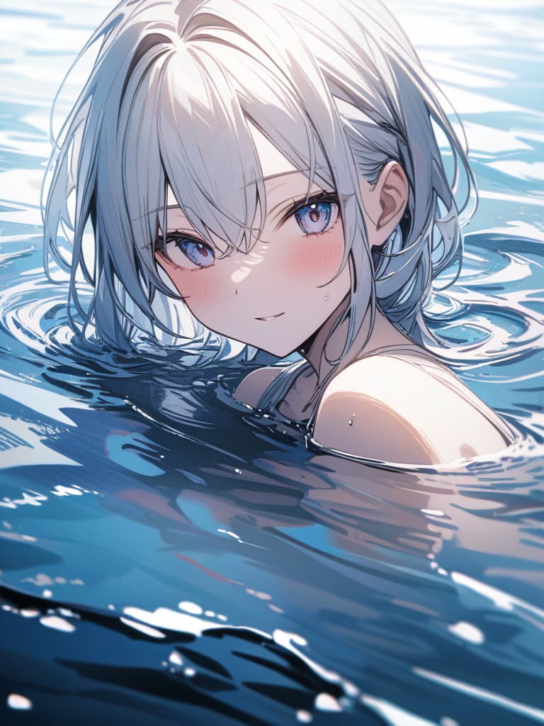  White hair, swim in water, masterpiece, best quality,8k,ultra detailed,high resolution,an extremely delicate and beautiful,hyper detail