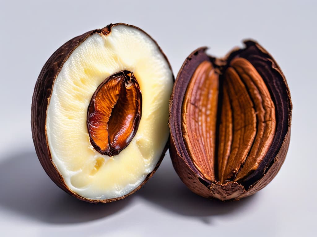  A closeup, ultradetailed image of a single cacao bean split open to reveal its rich, dark interior, showcasing the intricate patterns and textures of the bean with a minimalist white background. hyperrealistic, full body, detailed clothing, highly detailed, cinematic lighting, stunningly beautiful, intricate, sharp focus, f/1. 8, 85mm, (centered image composition), (professionally color graded), ((bright soft diffused light)), volumetric fog, trending on instagram, trending on tumblr, HDR 4K, 8K