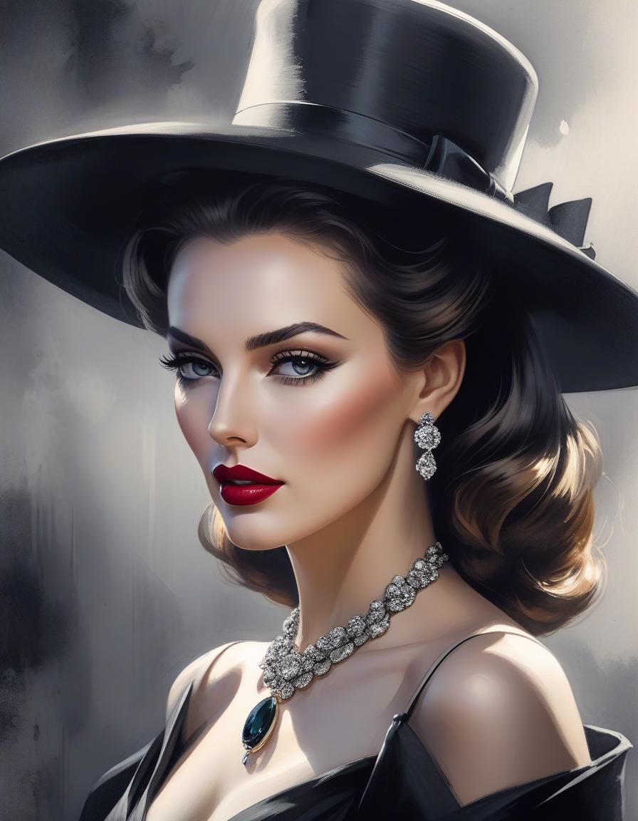  film noir style painting of a woman wearing a hat with a necklace, exquisite digital illustration, elegante pintura digital, linda pintura de persona gem, beautiful digital illustration, estilo de pintura digital, linda pintura digital, linda arte digital, no estilo aquarela, pintura linda, no art style by bowater, a beautiful art illustration, no estilo de aquarela digital, with ink blots and paint running down the screen . monochrome, high contrast, dramatic shadows, 1940s style, mysterious, cinematic hyperrealistic, full body, detailed clothing, highly detailed, cinematic lighting, stunningly beautiful, intricate, sharp focus, f/1. 8, 85mm, (centered image composition), (professionally color graded), ((bright soft diffused light)), volumetric fog, trending on instagram, trending on tumblr, HDR 4K, 8K