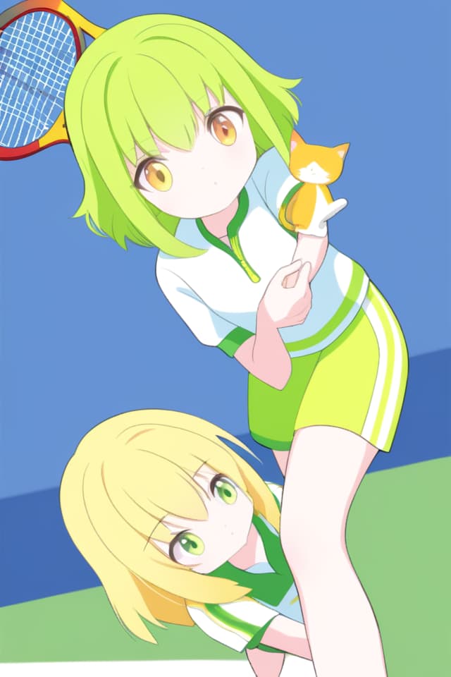  Girls, cute, green and yellow hair are short hair, yellow green and white jerseys, tennis, cat or Chusha