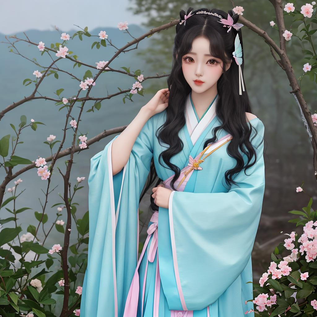  masterpiece, best quality, (bishoujo,multiple girls,actress,aqua eyes,longeyelashes,pout,nose blush,hair over shoulder,black hair,curly hair,hair ribbon,hanfu,Butterfly wings,crucifixion,arms behind back,look at viewer,dusk