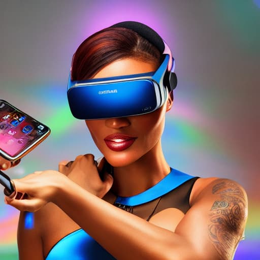  A girl wearing VR glasses with the high-tech futuristic background. Apply the Following Styles Synthesis hyperrealistic, full body, detailed clothing, highly detailed, cinematic lighting, stunningly beautiful, intricate, sharp focus, f/1. 8, 85mm, (centered image composition), (professionally color graded), ((bright soft diffused light)), volumetric fog, trending on instagram, trending on tumblr, HDR 4K, 8K