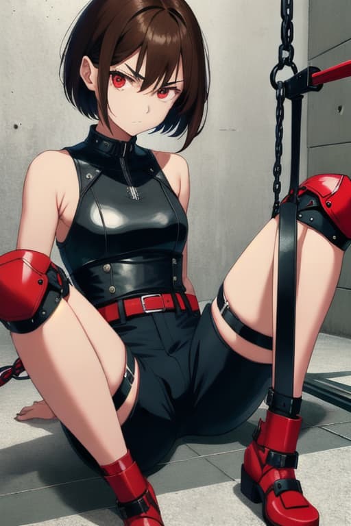  Beautiful girls, brown hair, short hair, red eyes, angry, sitting, restrained, limbs, restrained, hot pants