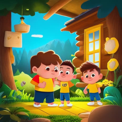  a boy with yellow shirt, short brown hair, blue shorts is standing next to a bear, in the cabin, dim light