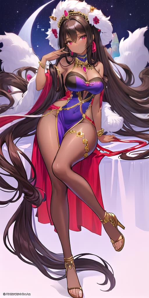  (master-piece,Hires-fixquality)
((darkbrownskin))((1ladies))
(darkhair)
((megagiganticlargecribbagetits))
((megalargehips))
(perfecthand)
Very long hair, flowing hair, Air bangs, high ponytail,
Silk Slip Dress and Fur Stole, A slinky silk slip dress in a jewel-toned shade like sapphire or deep purple, Faux fur stole draped over the shoulders for a glamorous touch, Strappy heels and minimal jewelry for a sophisticated finish,