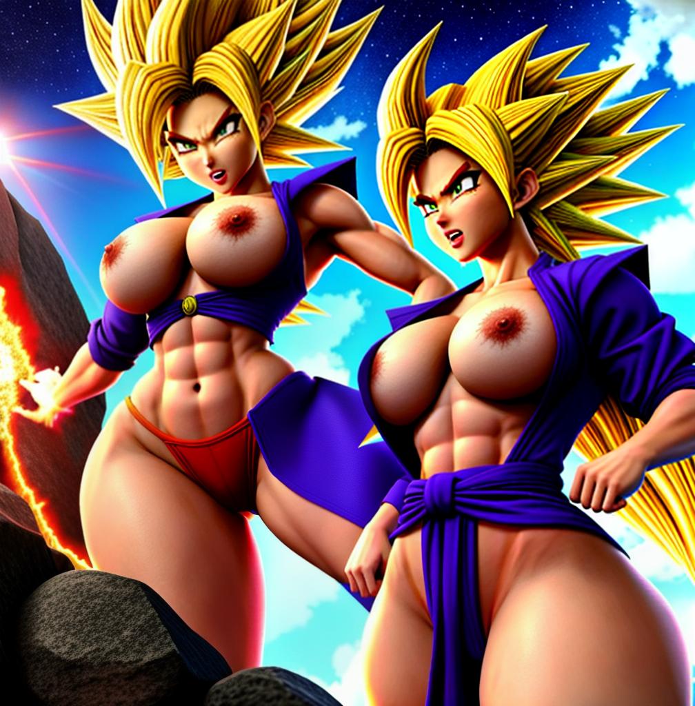  ((foto de cuerpo completo, pie plano, cuerpo recto)), ((laura {Super Super Saiyan mujer con grandes pechos})), ((lleva puesto son goku+Los disfraces de ella son extremadamente ajustados a su cuerpo.))