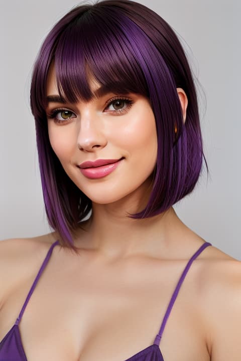  perfect woman. perfect face.   long purple Violet hair. smiling. light makeup . soft lighting. medium bob cut with bangs.  . . big niples.  cunt. toned body. athletic body. ., 1, , realism, cute face, model face