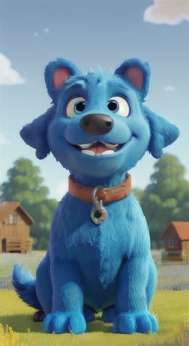  {A happy, big blue dog wagging its tail in a colorful meadow, The big blue dog is large with sky blue fur, big round eyes, a black nose, and floppy ears.