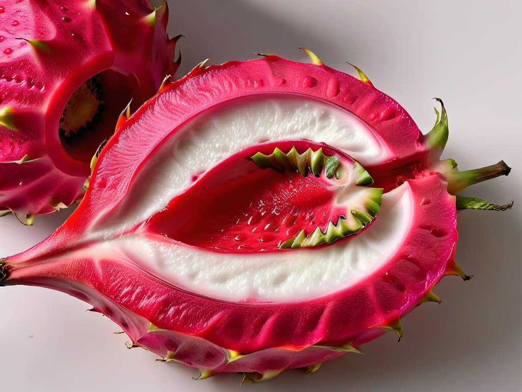  An ultradetailed, 8k resolution image of a vibrant pitahaya fruit sliced open to reveal its luscious pink flesh, set against a stark white background with dramatic lighting that accentuates the fruit's texture and colors. The image captures the intricate seeds and juicy pulp of the pitahaya, showcasing its exotic and enticing appeal in a minimalistic and elegant composition. hyperrealistic, full body, detailed clothing, highly detailed, cinematic lighting, stunningly beautiful, intricate, sharp focus, f/1. 8, 85mm, (centered image composition), (professionally color graded), ((bright soft diffused light)), volumetric fog, trending on instagram, trending on tumblr, HDR 4K, 8K