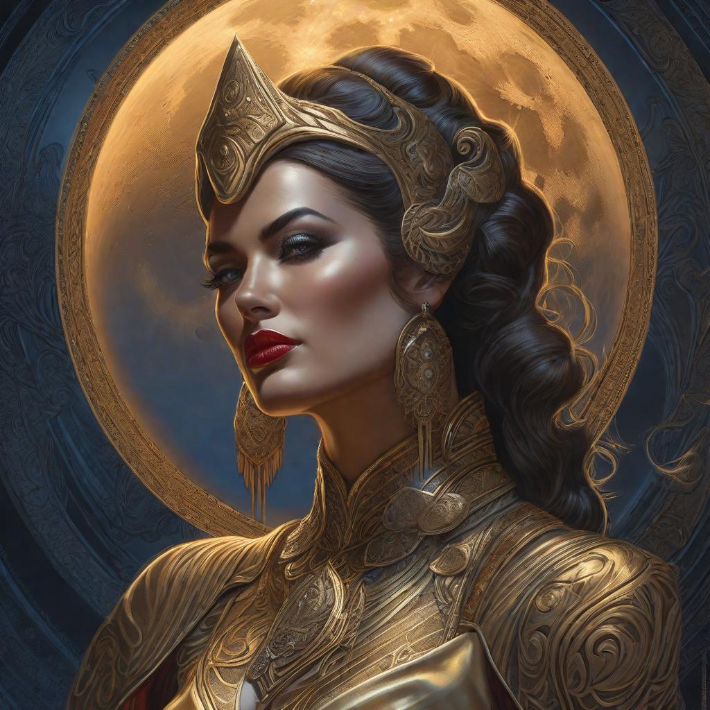  Mujer de 35 años muy hermosa fumando mirando la luna, realistic, portrait, art by donato giancola and greg rutkowski, realistic face, digital art, trending on artstation hyperrealistic, full body, detailed clothing, highly detailed, cinematic lighting, stunningly beautiful, intricate, sharp focus, f/1. 8, 85mm, (centered image composition), (professionally color graded), ((bright soft diffused light)), volumetric fog, trending on instagram, trending on tumblr, HDR 4K, 8K